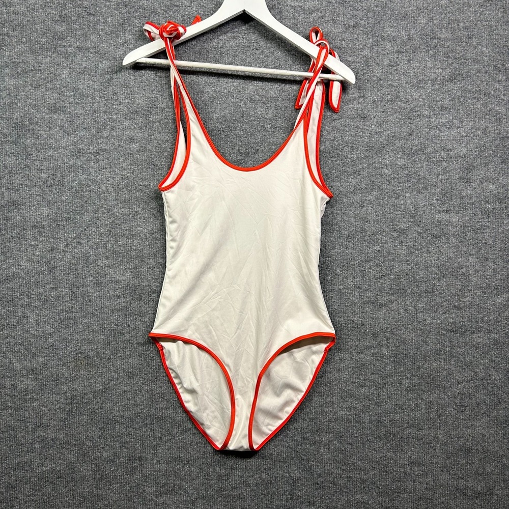 Sonderhaus Swimsuit Women's White Red Trim Tie Shoulder Straps One Piece - Small